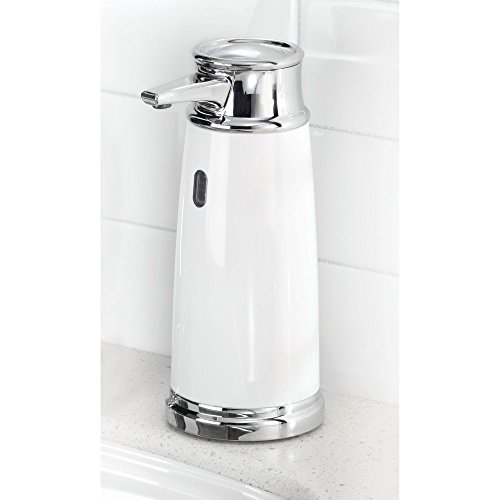 mDesign Decorative Hands Free, Touchless Automatic Hand Soap Dispenser Pump with Infrared Motion Detector Activated Sensor Light for Kitchen and Bathroom Sinks, Countertops - White/Chrome