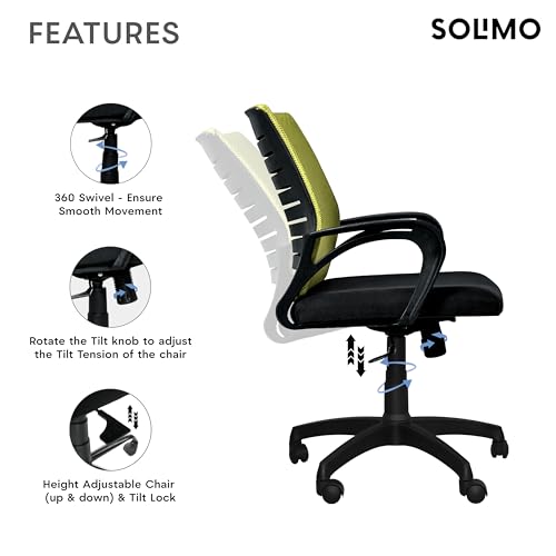 Image of Amazon Brand - Solimo Sitly Mid Back Revolving Office Chair for Work from Home, Study, and Computer Use | Heavy Duty Base | Ergonomic Mesh Design | Durable & Comfortable Seating (Green Mesh)
