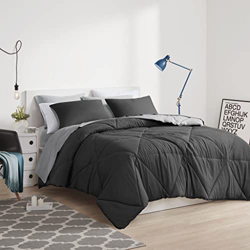 Image of Comfort Spaces Vince Reversible Bed In A Bag - Trendy Casual Geometric Quilted Cover, All Season Down Alternative Cozy Bedding, Matching Sham, Black /Gray, Queen 9 piece