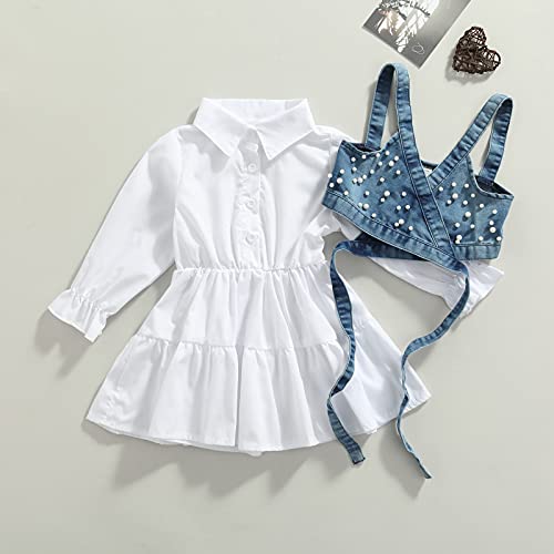2PCS Baby Girl Strap Pearl Denim Crop Tops Beading Back Bandage Vest + Lapel Button Shirt Dress Set2