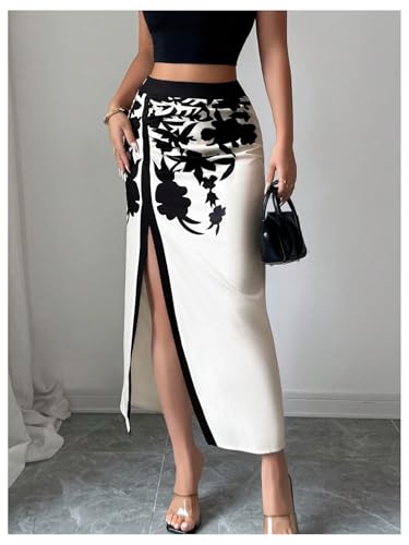 MakeMeChic Women's Work Floral High Waist Skirt Ruched Split Thigh Bodycon Maxi Skirts4