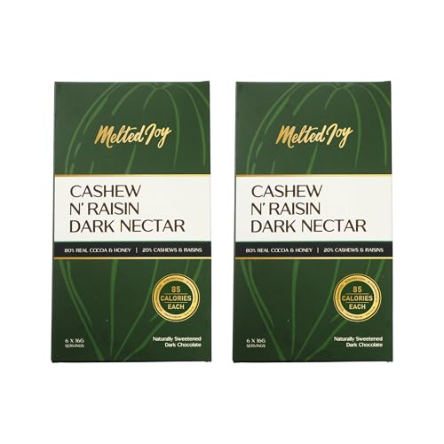 Image of Melted Joy Cashew N'Raisin Dark Nectar | 85 Calorie Dark Chocolate Squares - Portion Sized for Fat Loss | Naturally Sweetened with Honey | Pack of 6 (Set of 2)