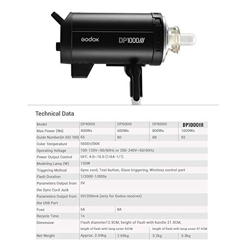 Ficha técnica Godox DP1000III Lámpara de iluminación estroboscópica Profesional con luz de Flash de Estudio GN92 Máx Potencia 1000Ws 2.4G Control Remoto inalámbrico Bowens Mount para Retratos de Bodas - Fernando Cortés