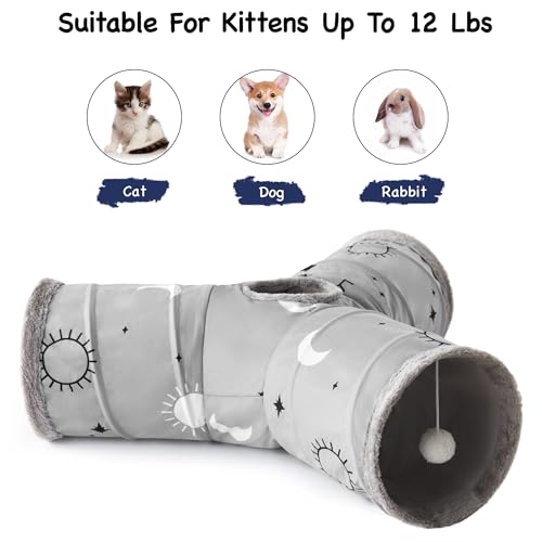 Image of Tempcore Cat Tunnel for Indoor Cats, 3 Way Collapsible Pet Play Tunnel with Teaser Wand, Peek Holes & Hanging Ball, Interactive Tube for Kittens & Rabbits, Grey Sun