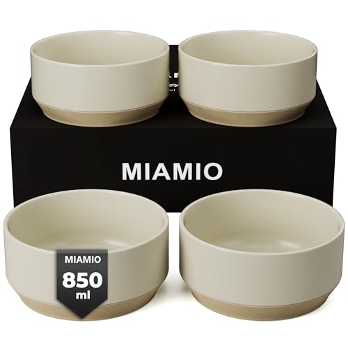 MIAMIO – Schüssel Set 4er / große Müslischalen Keramik (850 ml) Set für 4 Personen/Bowl für Ramen, Müsli, Salat – Spülmaschinen- und Mikrowellengeeignet – Sierra Kollektion (Hell, Schalen (4x))