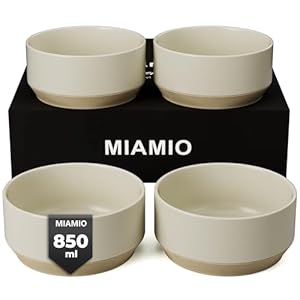 MIAMIO – Set di 4 ciotole/Set di ciotole in ceramica (850 ml) per pasta, ramen, cereali, insalata – Lavabile in lavastoviglie e nel microonde – Collezione Sierra (chiaro, Ciotole (4x))