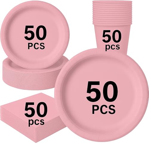 Light Pink Disposable Dinnerware Set – 200 Piece Party Pack for 50 Guests with 9” Dinner Plates, 7” Dessert Plates, 9 oz Cups & 3-Ply Napkins for Weddings, Birthdays & Events