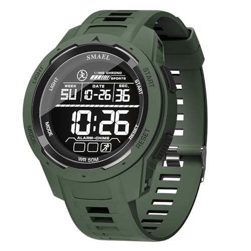 FANMIS Men's Digital Black Sports Watches Large Face Waterproof Dual Time Stopwatch Alarm LED Back Light Count Down Wrist Watch (Black Green)