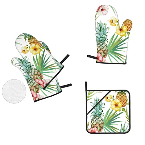 Tropical Pineapple Oven Mitts And Potholders Bbq Gloves Waterproof And Durable For Cooking Baking Grilling 4-Piece Set #TOP5