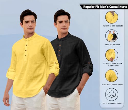 Image of Zombom Men's Combo Cotton Polyester Blend Solid Full Sleeve Straight Regular Fit Mandarin /Chinese Collor Kurta (Pack of 2)