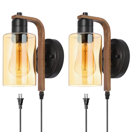 Image of Plug in Wall Sconces Set of Two with Touch Switch Vintage Dimmable Plug in Wall Lights Fixtures with Amber Glass Wall Mounted Bedside Lamps for Bedroom Nightstand Headboard Reading Living Room