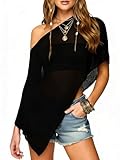 Navneet Damen Off Shoulder Mesh Oberteil Strick Poncho Cover Up Asymmetrisch Cape Strand Sommer Festival Party Schwarz M