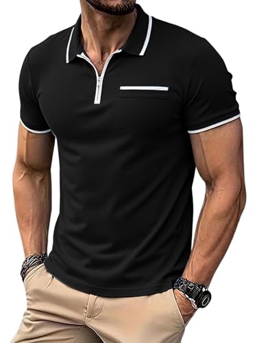 Runcati Men's Polo Shirt Short Sleeve Summer Golf T-Shirt Plain Slim Fit Polo Shirt Men Casual Tennis Sports Shirt Basic Leisure Polo Shirts with Zip, black, M