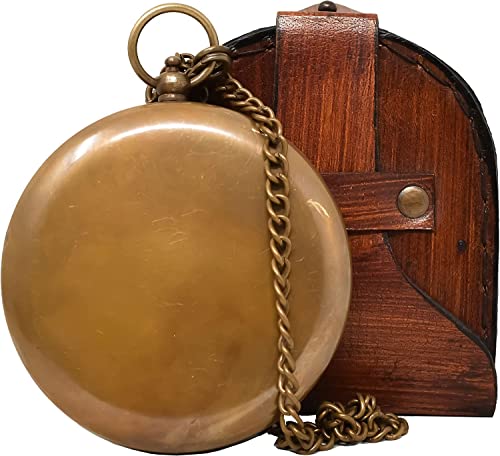 A S Handicrafts Brass Sundial Compass with Leather Case and Chain - Push open Mechanism Vintage Steampunk Accessory - Antiquated Finish Pocket Compass