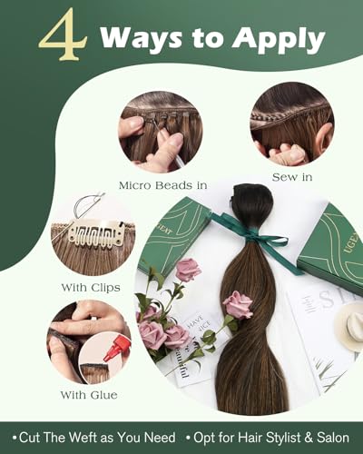 Image of Ugeat 24 Inch Weft Hair Extensions Human Hair, Sew in Weft Hair Extensions Human Hair 100g, Sew in Extensions Dark Brown Balayage Medium Brown, Easy Wash