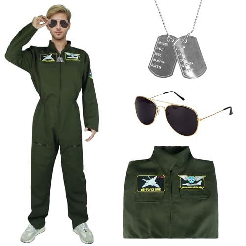 Kitimi Disfraz Hombre, Piloto Avión con Lentes de Sol y Placa de Perro, Disfraces para Carnaval y Halloween para Adultos