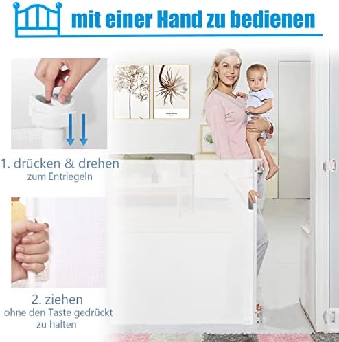 Retractable Baby Gate 0-180cm, Extra Wide Stair Gate for Baby/Pets, One Hand Operated Retractable Safety Gate, Retractable Dog Gate for Stairways/Hallways/Indoor/Outdoor by MAYKI, White