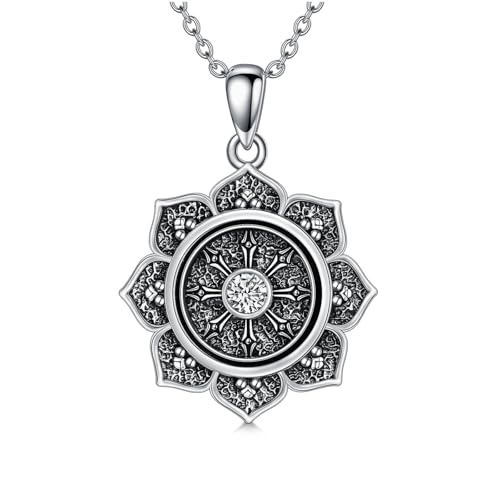 MEIDERBO Lotus Flower Necklace for Women 925 Sterling Silver Dharma Wheel Necklace Buddhist Necklace Lotus Yoga Pendant Buddhism Jewelry for Birthday Christmas