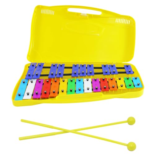 25 Note Chromatic Glockenspiel Xylophone in Red Case Xylophone with Black/White Keys & Two Plastic Beaters for Kids Adults Musical Drum Percussion for Instrument Educational Music Learning (Yellow)