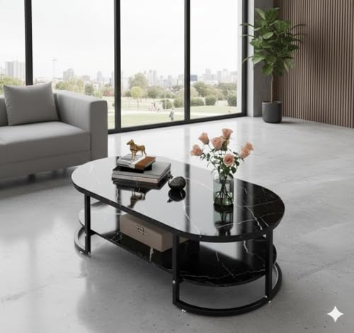 Image of Coffee Tables for Living Room Modern Coffee Table Oval Sofa Table Center Tables for Living Room 2 Tier Side Table Small Apartment Home Furniture Black Gold 2T (Black Black)