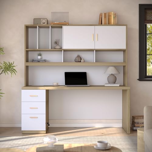 ModernMate Computer Desk with Hutch and Drawers, 72.8'' Executive Office Desk with Storage, 1.18