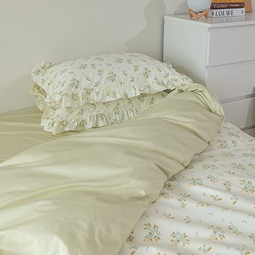 Aojim Ruffle Duvet Cover 100% Cotton Queen Size (90X90 Inch), Farmhouse Chic Comforter Cover Set With Green Dreamy Floral, Soft Breathable Vintage Style Quilt Cover 3 Pieces (No Comforter) #TOP7