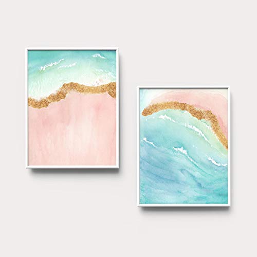 Affiche Toile Art Paysage Abstrait Aquarelle Rose Turquoise Set de 2 Tableaux de Salon 50x70cm