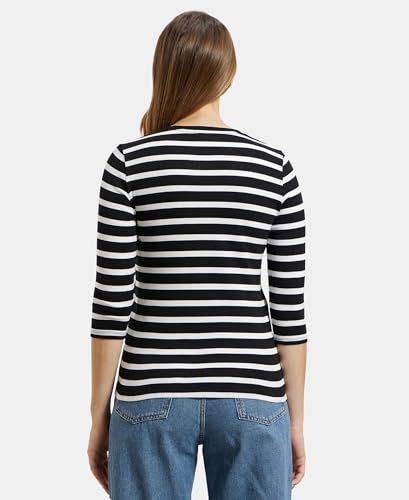 Image of Jockey 1360 Women's Super Combed Cotton Elastane Stretch Slim Fit Striped Round Neck Three Quarter Sleeve T-Shirt
