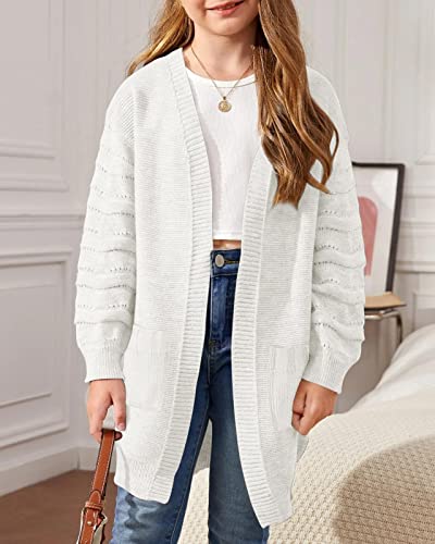 Little Girls Kids Crochet Sweater Cardigans Open Front Boho Knit Cardigan With Pockets White #TOP1