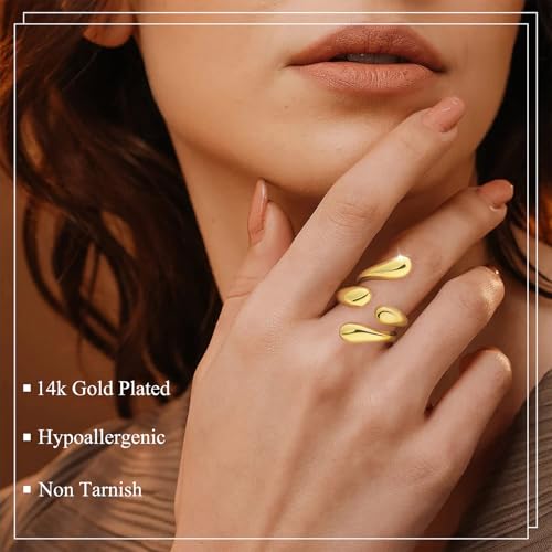 Non Tarnish Gold Chunky Rings for Women, 14K Gold Plated Elongated Open Statement Rings, Adjustable Stackable Wedding Band Jewelry Size 5-9 ﻿2