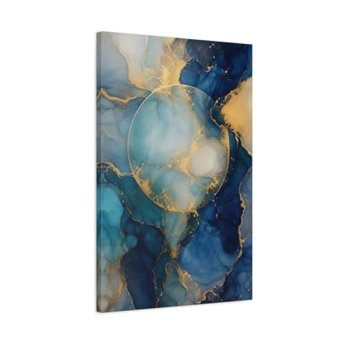 Tableau fluide bleu et or avec châssis de 3 cm d'épaisseur style galerie d'art