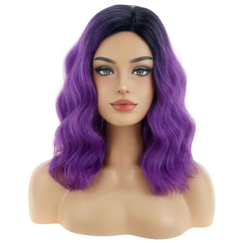 Image of BERON Black Purple 14 inch Women Girls Short Curly Wavy Wig Ombre Taro Purple Body Wave Halloween Cosplay Daily Party Wigs
