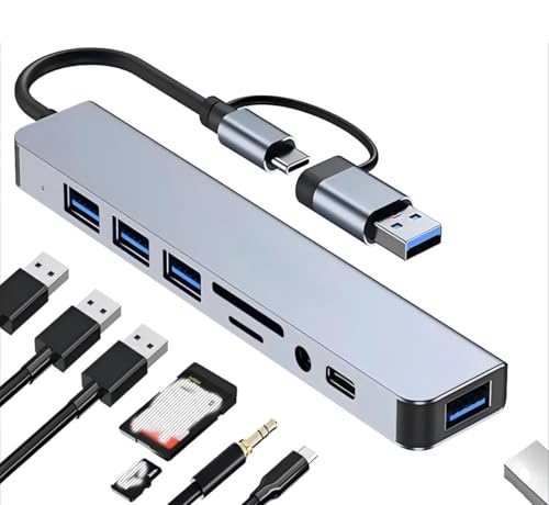 Hub Adaptador USB-C 8 em 1, 4 Portas USB 3.0, Leitor de Cartão SD...