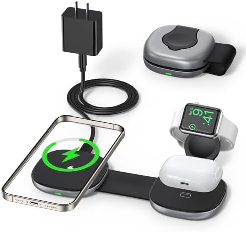3 in 1 Charging Station for Apple Devices/Wireless Charging Sation Compatible with Magsafe Charger Stand/Foldable Magnetic Travel Wireless Charger for iPhone, Apple Watch, AirPods (Square)