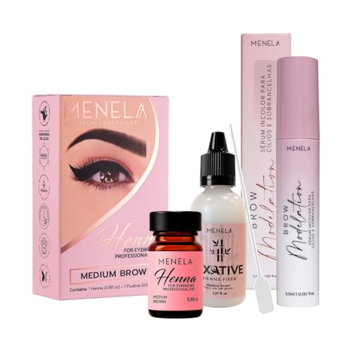 MENELA Medium Brown Henna Color Kit with Lash & Beauty Serum Complete Color & Care System Up to 60 Applications 2.5g Henna 15ml Fixer & Serum DIY & Professional Use Vegan Ammonia-Free