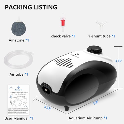 fishkeeper Aquarium Air Pump, 4W 55GPH Oxygen Pump Fish Tank Air Pump for Fish Tank up to 76 Gallon Adjustable Ultra Quiet Fish Tank Aerator Air Bubbler with Air Stone/Tubing/Check Valve