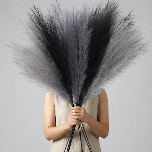 QUBITFUL Faux Pampas Grass Decor, 9 PCS 37''/3.1FT Tall Fluffy Black Gray Fake Pompas Floral, Large Artificial Pompous Grass Branches for Floor Vase Fillers, Boho Farmhouse Room Wedding Decor