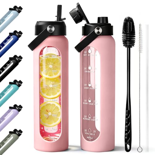 Image of Aqulea 32 oz Glass Water Bottle with 2 Lids - Spout & Straw Lids, 1L Motivational Borosilicate Glass Water Bottle with Time Marker & Silicone Sleeve, Leakproof (Pink)