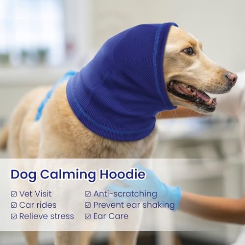 Image of BRKURLEG Dog Calming Hoodie, Dog Ear Muffs for Noise Protection, Pet Anxiety Relief Head Cover and Ears Protector, Dogs Ear Wrap for Grooming Bath and Drying, Blue,M