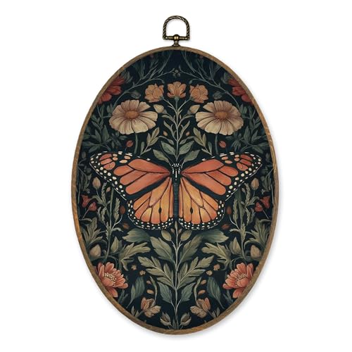 LKETW Vintage Butterfly Oval Wall Art Decor, William Morris Butterfly Floral Oval Canvas Hanging Decor, Retro Cottagecore Botanical Wall Decorations for Home Bedroom Living Room Office, 8.6x11.4 Inch
