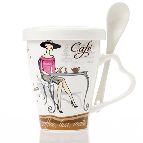 Mecai Ceramic Coffee Mugs For Women With Spoon And Lid 12 Oz Tea Cups,Novelty Gifts For Lady Boss Friends Female -Red #TOP1