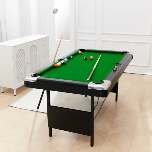 6FT Portable Billiard Table, Children & Adults Pool Table, Folding Family Game Table for Game Room, Basements or Garage, Home Used Indooor Ball Game w Full Set of Billiard Balls, Cues, Chalk & Brush - Thumbnail 5