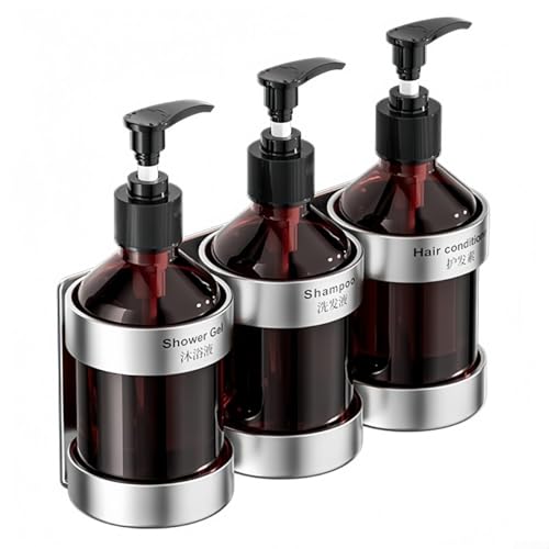 Honseadek Distributeur de savon manuel mural avec porte-bouteille en acier inoxydable pour shampoing, gel douche, gel douche - 300 ml bouteille plastique marron Scre (3 bouteilles)