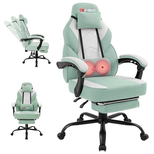 Gaming Chair for Adults with Footrest & Massage Lumbar Support, Ergonomic High Back Gamer Chair, Adjustable Swivel Computer Gaming Chairs with Headrest and Linkage Armrests,Green