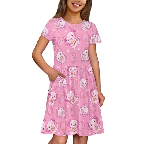 Image of Girls Dress with Pockets Basic Short Sleeve High Waist Swing Skater Dress School Party Dress for Kids
