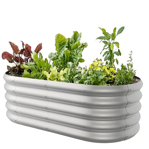 IDEA FAMILY 4x2ft Oval Galvanized Raised Garden Bed Kits 16" Tall Outdoor Large Metal Modular Planter Box 9-in-1 Raised Beds for Gardening,Vegetables,Fruits,Flowers & Herbs (Silver)