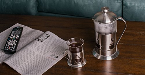 Gourmet Silver French Press and 4 Mug Set - Stainless Steel and Glass with Coffee Cup Design
