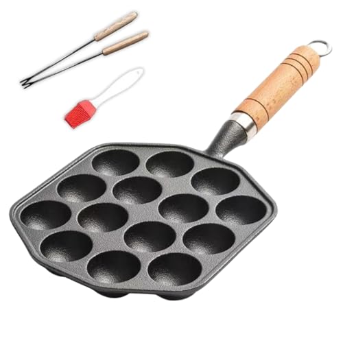 1 Set Takoyaki Pan with Hanging Handle, 14 Holes Nonstick Takoyaki Maker with Fork & Oil Brush, Easy to Clean Baking Pan for Poffertjes Pancake Balls, Griddle Pans