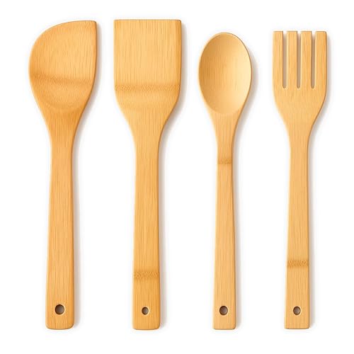 BERIZZA Set de utensilios de cocina de madera de bambú | Incluye cucharas y espátula resistentes al calor | Utensilios ecológicos y seguros para cocinar | Madera natural, Sin Barniz, Sin pvc