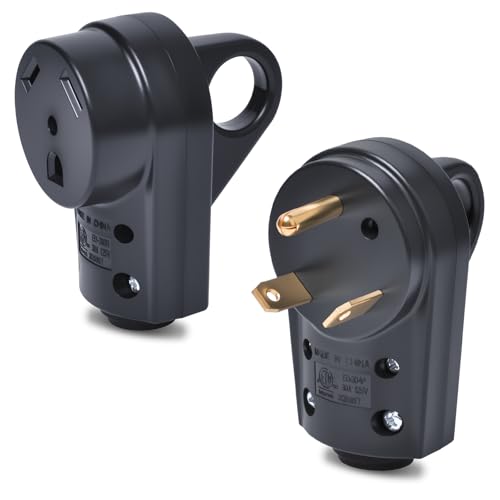30 Amp RV Plug Set, Male & Female 30A/125V Replacement Plugs with Pull Handle – Heavy-Duty Heat-Resistant Housing, Fits Standard TT-30P RV Power Cords (55245)